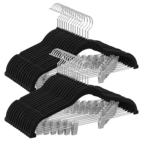 SONGMICS Perchas para Pantalones, 30 Perchas de Terciopelo, 42.5 cm de Largo, con Clips Ajustables, Antideslizantes, Negro MCRF12B30