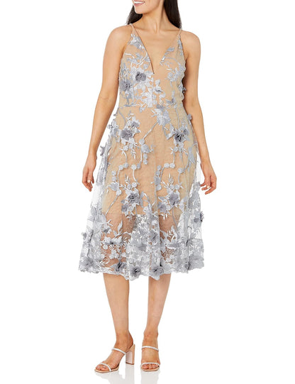 Dress the Population Audrey Spaghetti Correa Midi A-Line 3D Floral Vestido Vestido para Mujer