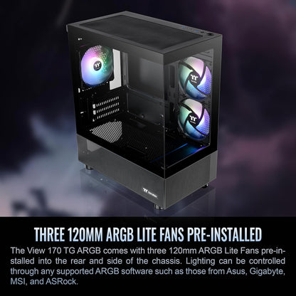 Thermaltake View 170 TG ARGB Funda Micro ATX Negra; Ventiladores ARGB de 3 x 120 mm incluidos; soporta radiador de hasta 280 mm; Panel de Vidrio Templado Doble Frontal y Lateral; CA-1Z4-00M1WN-00;
