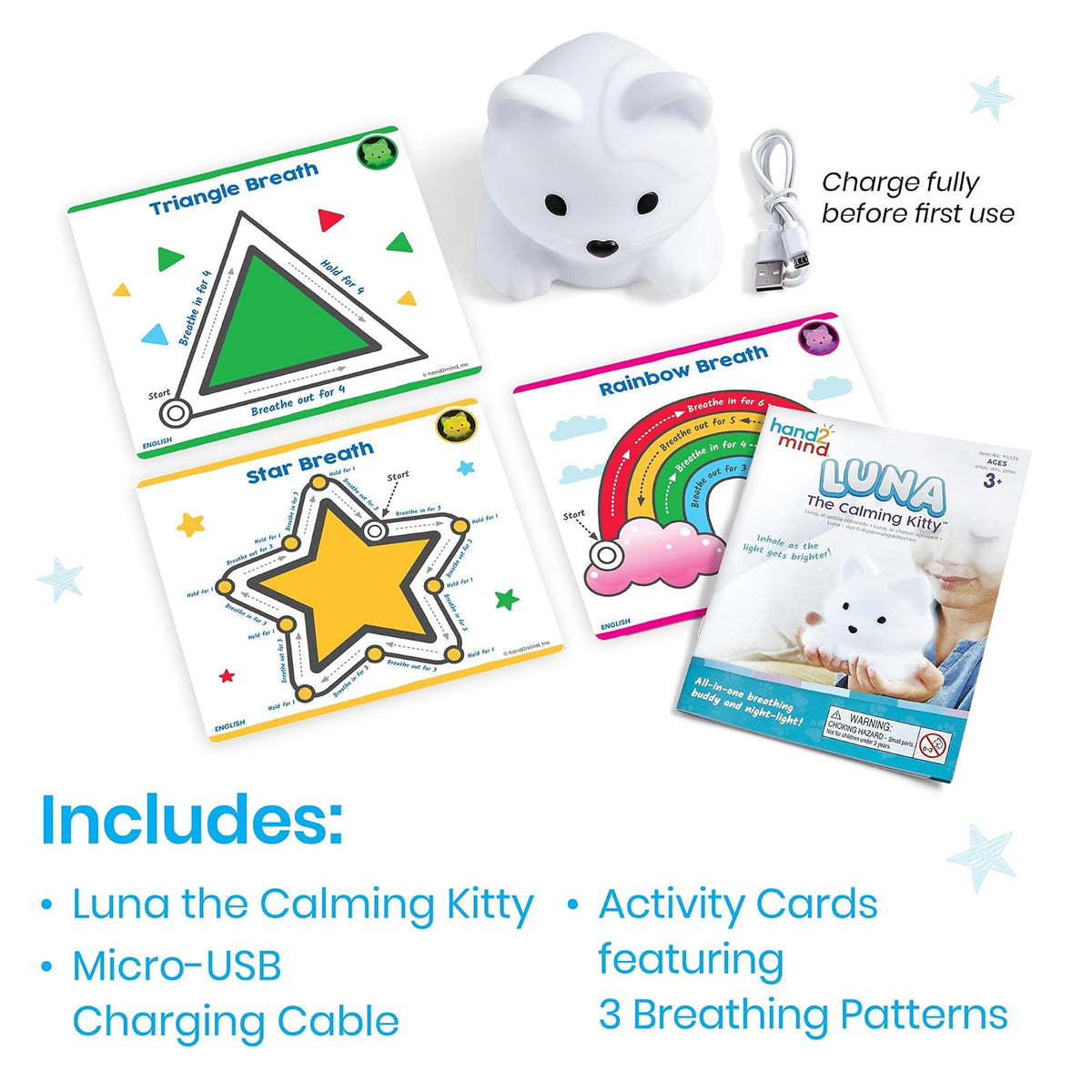 hand2mind Luna The Calming Kitty, Learn Deep Breathing, Rechargeable Animal Night Light, Kids Anxiety Relief, Mindfulness for Kids, Calm Down Corner Supplies, Social Emotional Learning Activities