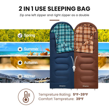 KingCamp Saco de Dormir para Adultos, Clima Frío y Cálido, XL Extra Grande, Acolchado de Franela, Impermeable y Portátil, Incluye Saco de Compresión, Ideal para Camping