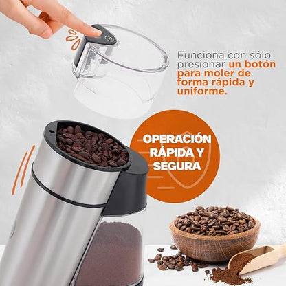 Hukën x MasterChef | Molino de Café Eléctrico Premium Grind+ 50 g | Depósito Desmontable | Molienda por Botón | Cuerpo y Aspas de Acero Inoxidable | Motor 150 W | Compacto y Potente