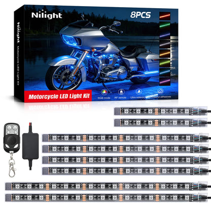 Nilight Kit de 8 Luces LED RGB para Motocicleta, Impermeable, Multicolor, con Control Remoto inalámbrico RF de 4 Teclas para Harley Davidson Honda Kawasaki Suzuki, 2 años de garantía (TL-42) - Transparent,Multi-color