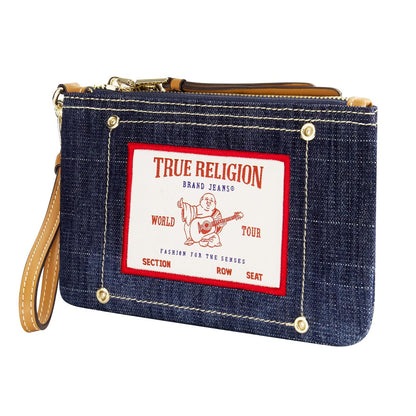 True Religion - Mini portafolios para mujer con correa para la muñeca, tela vaquera oscura, talla única, Mezclilla oscura