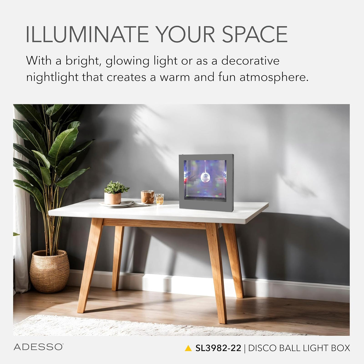 Adesso SL3982-22 Simplee Disco Ball Novedad Caja de estado de ánimo LED multicolor para mesa o montaje colgante, iluminación de pared de galería, alimentación con batería o USB, certificación ETL, 8 pies, marco plateado