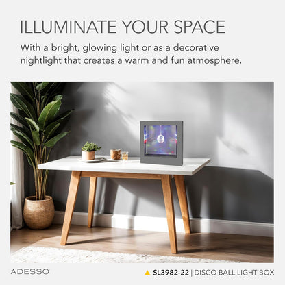 Adesso SL3982-22 Simplee Disco Ball Novedad Caja de estado de ánimo LED multicolor para mesa o montaje colgante, iluminación de pared de galería, alimentación con batería o USB, certificación ETL, 8 pies, marco plateado