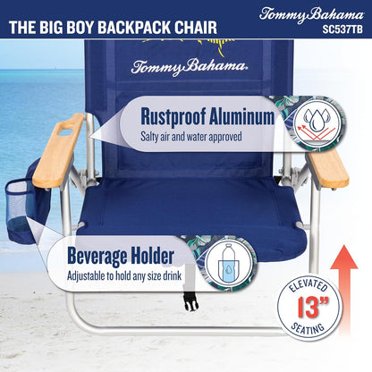 Tommy Bahama Big Boy - Mochila Plegable de 4 Posiciones para Asiento Alto de 13 Pulgadas, Silla de Playa o Camping, Aluminio, Azul Marino