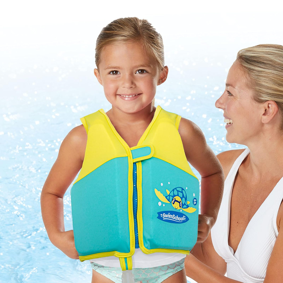 SwimSchool - Chaleco de natación para niños fácil de Poner y Quitar - Tallas: S/M hasta 33 Libras y Mediano/Grande hasta 50 Libras. - Colores: Azul, Naranja, Rosa y Espuma de mar