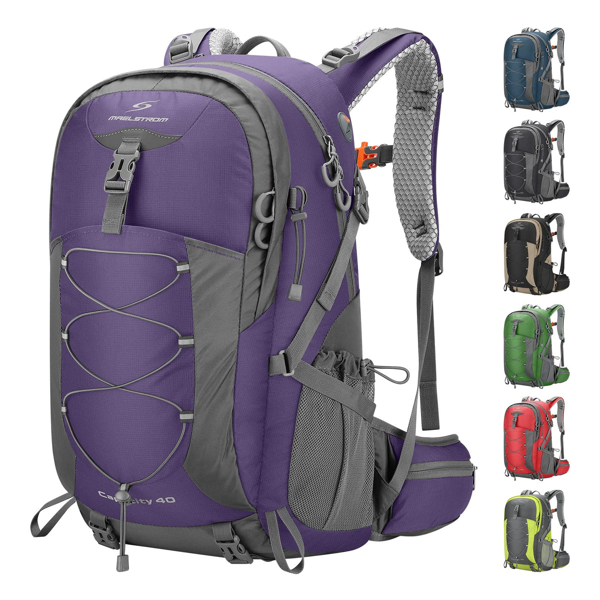 Maelstrom Mochila Senderismo Liviana, Mochila Camping con Cubierta Lluvia | Nailon anti desgarro agua, separación seco húmedo, bolsillos, silbato emergencia. Ideal hombre, mujer, senderismo - 40 L - Púrpura