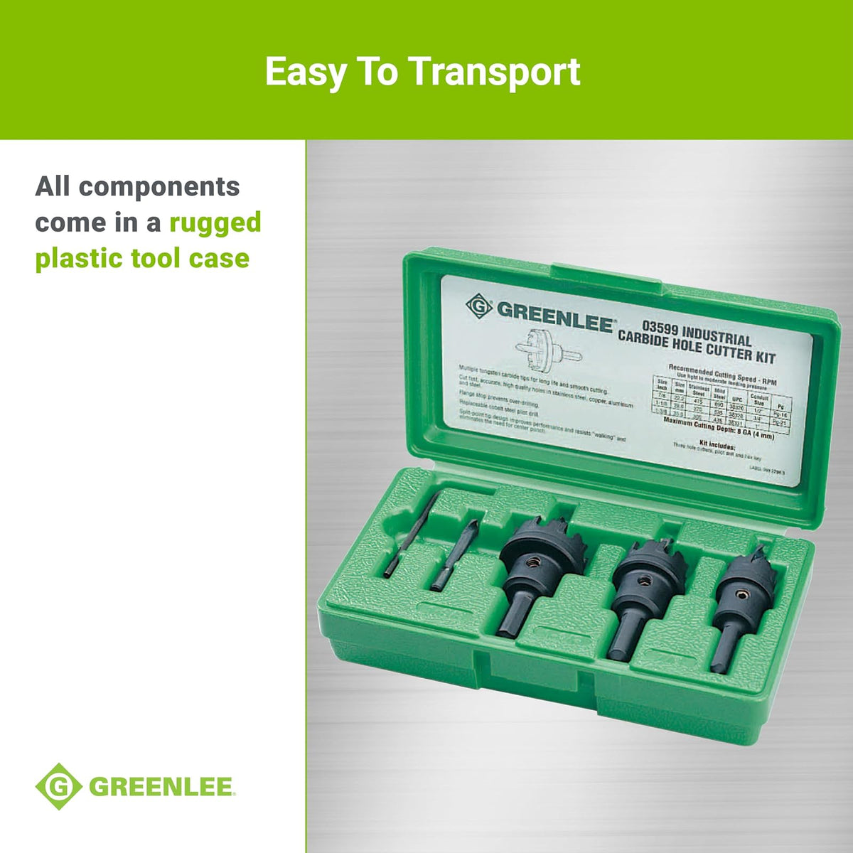Greenlee 635 Kit de cortador de agujeros, 5 unidades, carburo de tungsteno, verde/negro