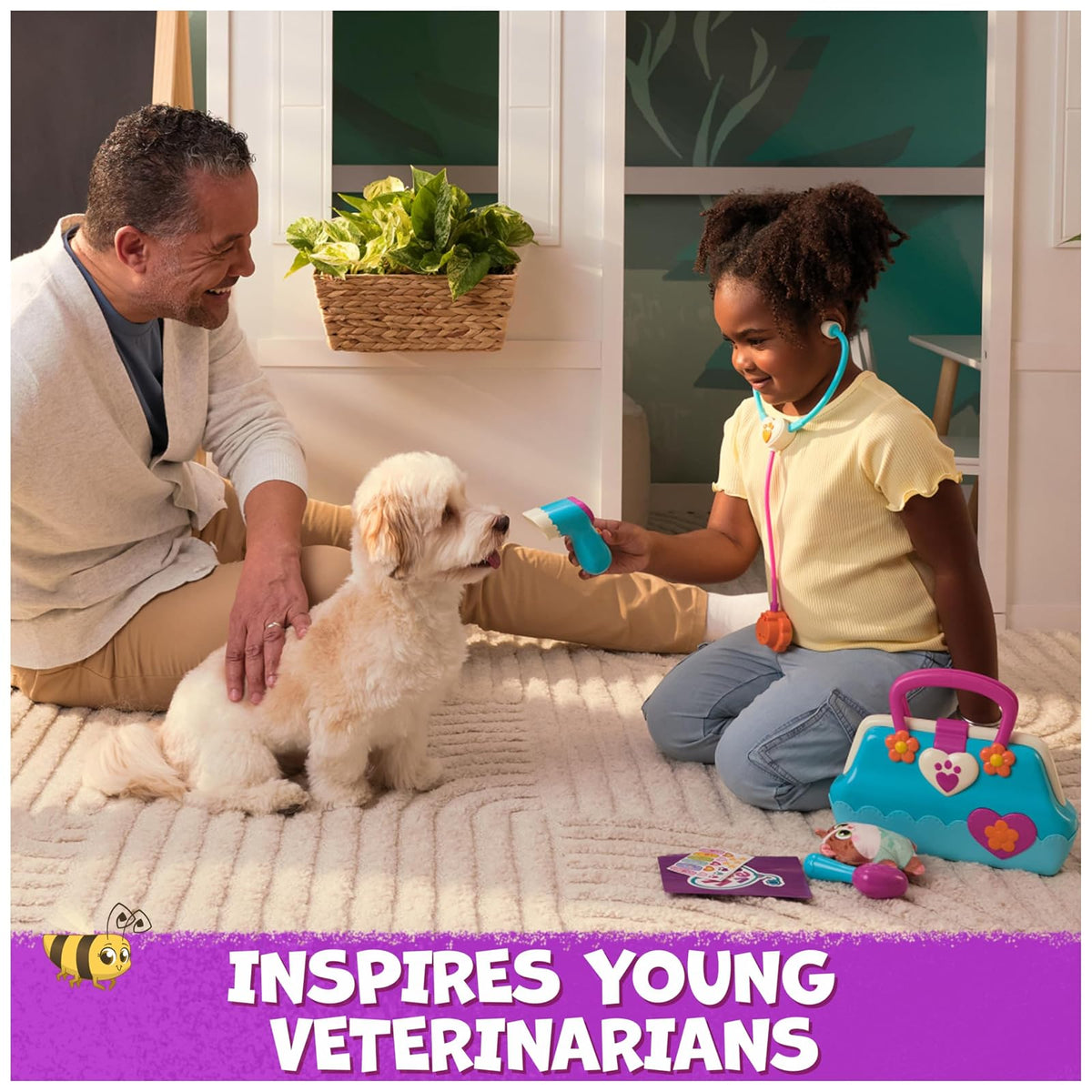Vida The Vet, Bolsa de Veterinario con 5 Accesorios de Kit médico Veterinario, 1 Juguete de Peluche de Palomitas de maíz y Pegatinas, para Juego de Disfraces, Juguetes para niños para niñas y niños a
