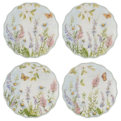 Platos de canapé certificados International Meadow de 6 pulgadas, juego de 4 con diseño de flores silvestres y mariposas, perfectos para aperitivos, mini postres y aperitivos, decoración de primavera
