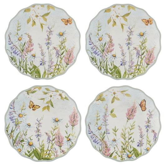 Platos de canapé certificados International Meadow de 6 pulgadas, juego de 4 con diseño de flores silvestres y mariposas, perfectos para aperitivos, mini postres y aperitivos, decoración de primavera