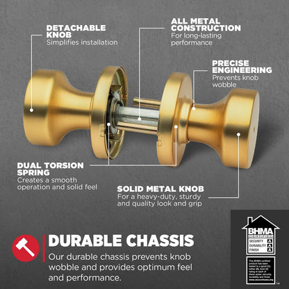 Kwikset Pismo - perilla de puerta de privacidad interior con cerradura, manija de puerta para baño y recámara, latón satinado, redondo, sin llave, protección Microban