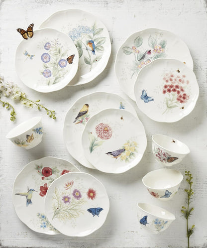 Lenox Vajilla Butterfly Meadow Flutter 12 Piezas para 4 Comensales, Porcelana Blanca, Diseños de Aves, Apta para Microondas