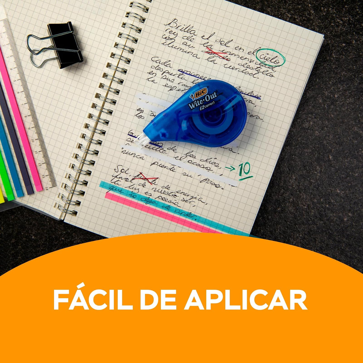 BIC Cinta Correctora 4.2 mm Fácil de Aplicar Corrección Instantánea Hecha de PET Reciclado 12 metros de Cinta Cuerpo Color Azul 6 Piezas