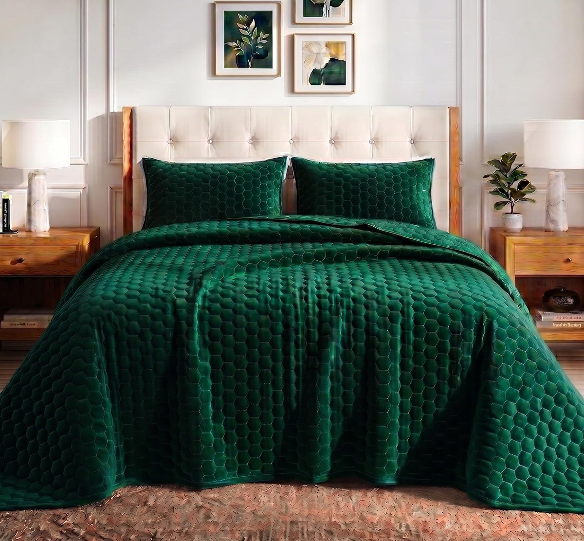 Tribeca Living - Juego de edredón de Terciopelo para Cama de 3 Piezas Lugano con Punto de Panal, Terciopelo súper Suave de 260 g/m², edredón de Gran tamaño y Dos Fundas de Almohada, Color Verde
