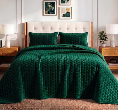 Tribeca Living - Juego de edredón de Terciopelo para Cama de 3 Piezas Lugano con Punto de Panal, Terciopelo súper Suave de 260 g/m², edredón de Gran tamaño y Dos Fundas de Almohada, Color Verde