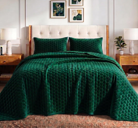 Tribeca Living - Juego de edredón de Terciopelo para Cama de 3 Piezas Lugano con Punto de Panal, Terciopelo súper Suave de 260 g/m², edredón de Gran tamaño y Dos Fundas de Almohada, Color Verde