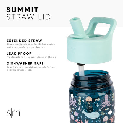 Simple Modern CoComelon - Botella de agua para niños, de plástico, sin BPA, con tapa de popote a prueba de fugas, reutilizable y duradera para niños pequeños, niñas, colección Summit | 12 onzas, melón