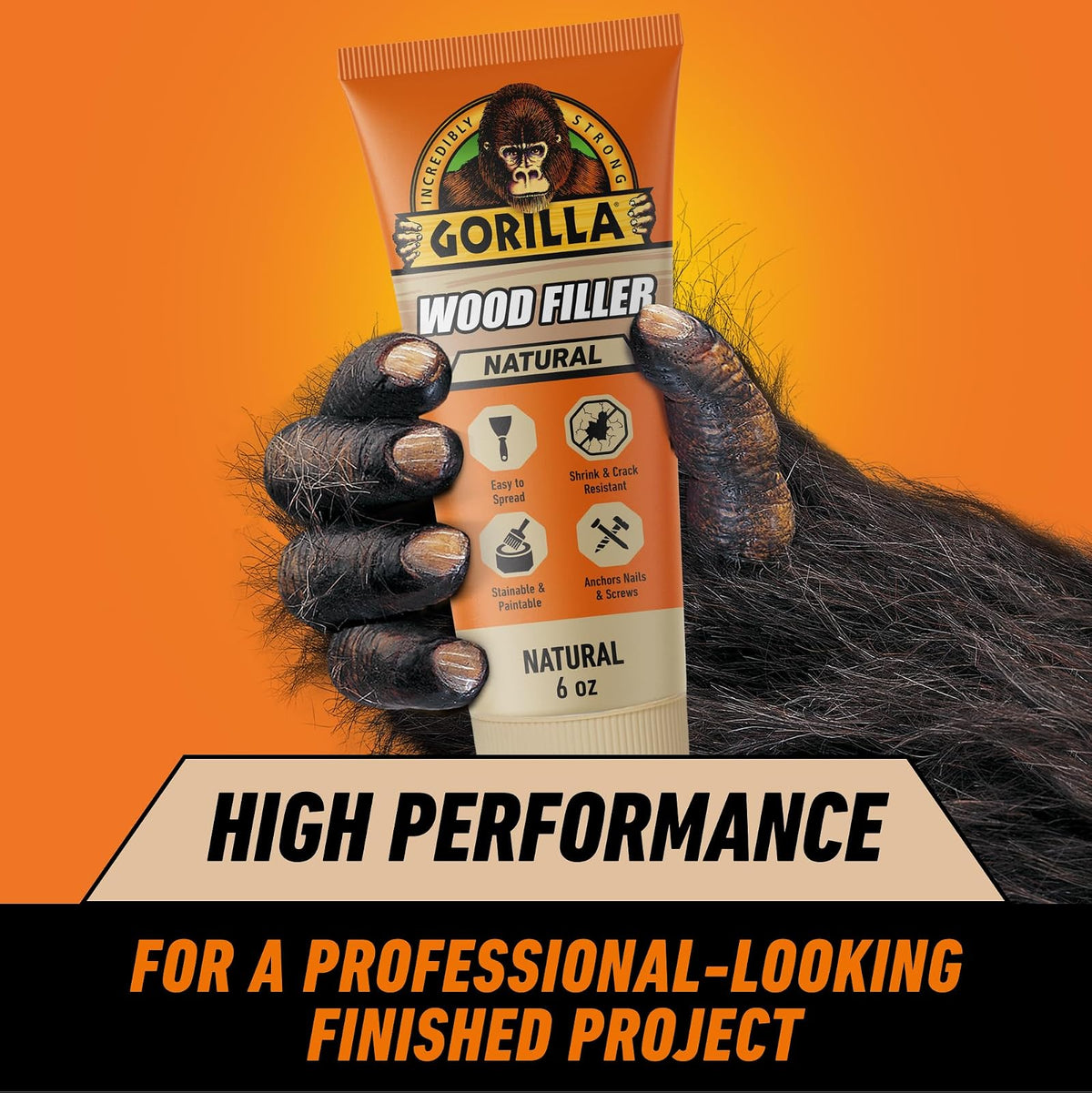 Gorilla - Relleno de madera multiusos, color natural, tubo de 6 onzas | Fórmula resistente al agua, acabado suave y lijable, pintable, ideal para reparaciones en interiores o exteriores