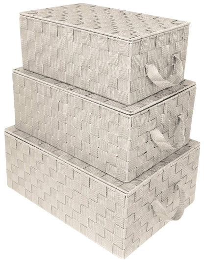 Sorbus - Caja de almacenamiento, cesta tejida, contenedor, cubo, juego organizador de cubos, apilable, correa tejida, organizador de estantes, asas de transporte integradas (cestas con tapa tejida, color beige) - Cestas de tapa tejida - Beige