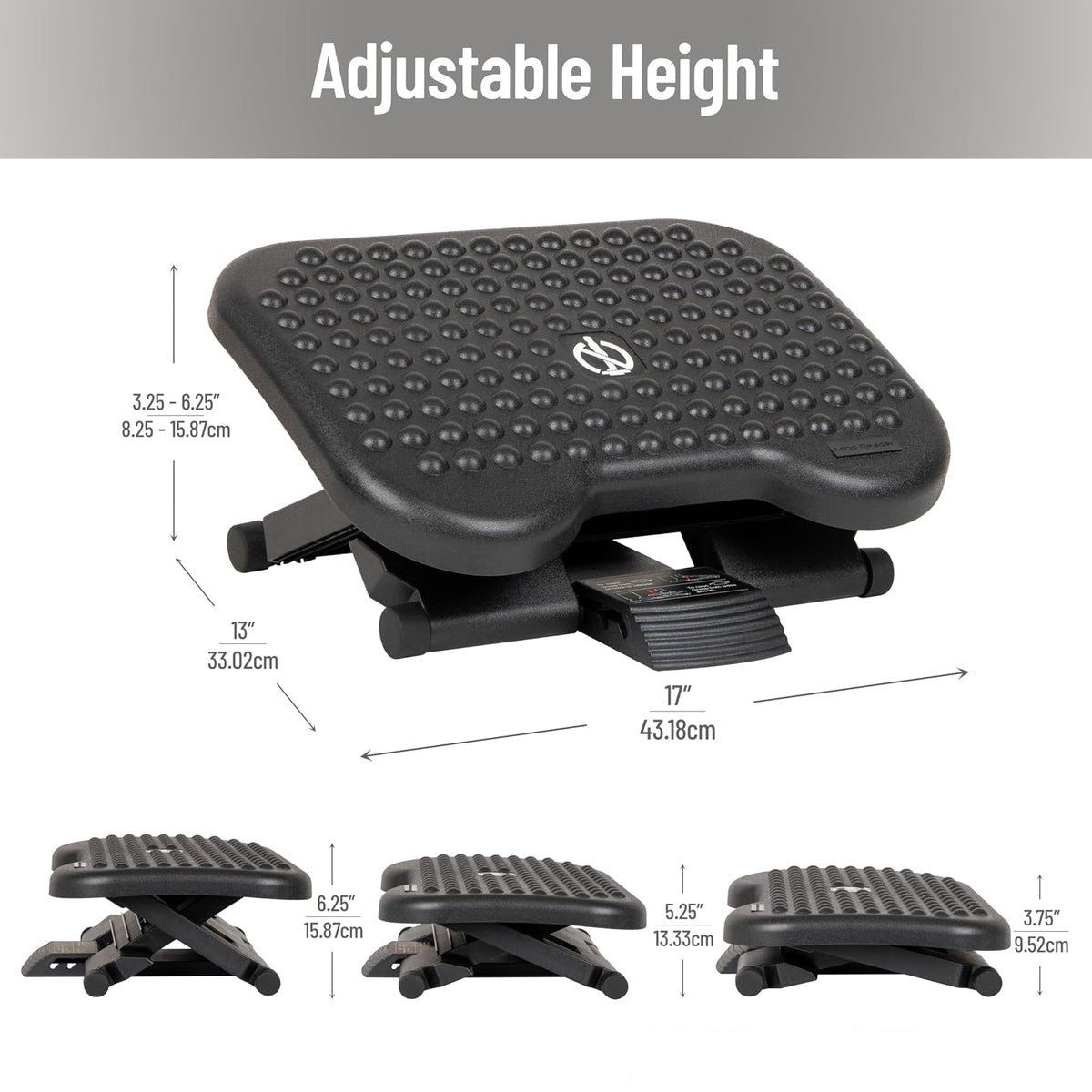 Mind Reader Foot Rest, Under Desk at Work, Ergonomic, Height Adjustable, Office, Plastic, 18"L x 13.5"W x 6.5"H, Black