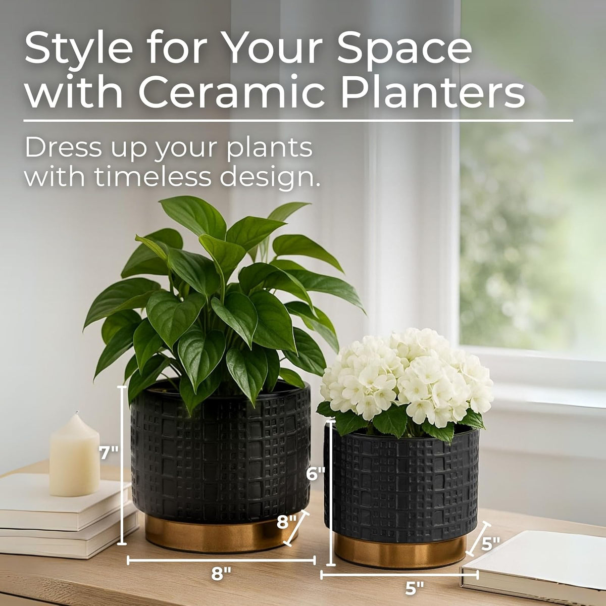Sagebrook Home Macetas de cerámica y gres con Detalles Dorados Modernas y Decorativas para Plantas suculentas Flores y Hierbas Elegante decoración del hogar y la Oficina; Juego de 2 Color Negro