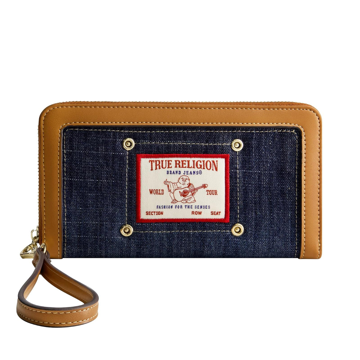 True Religion - Mini portafolios con cierre para mujer, con correa para la muñeca, tela vaquera oscura, talla única, Mezclilla oscura