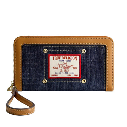 True Religion - Mini portafolios con cierre para mujer, con correa para la muñeca, tela vaquera oscura, talla única, Mezclilla oscura