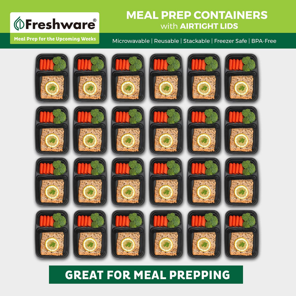 Freshware - Recipientes para preparación de comidas (15 unidades), 2 compartimentos con tapas, caja bento, sin BPA, apilables, aptos para microondas/lavaplatos/congelador (32 onzas), negro, 28
