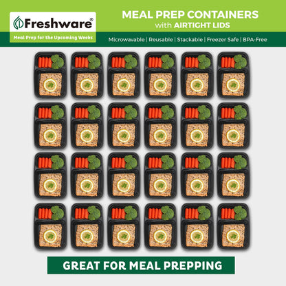 Freshware - Recipientes para preparación de comidas (15 unidades), 2 compartimentos con tapas, caja bento, sin BPA, apilables, aptos para microondas/lavaplatos/congelador (32 onzas), negro, 28