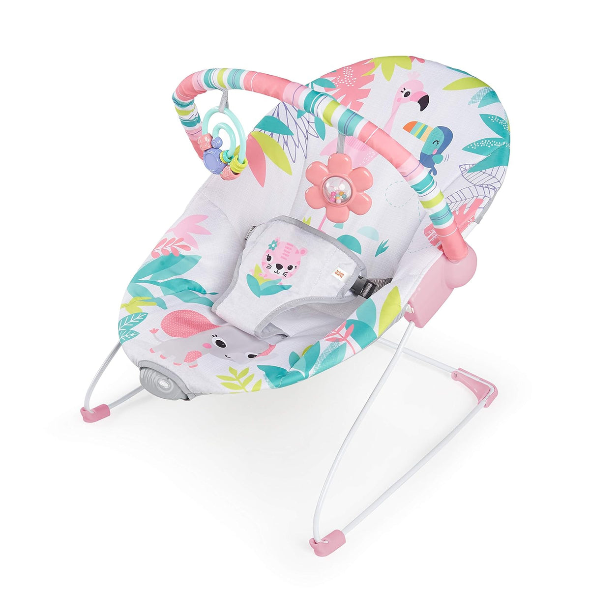 Bright Starts Bouncer Silla Mecedora de Flamingo para Bebé, Vibraciones relajantes, Arnés de 3 puntos, de 0 a 6 meses
