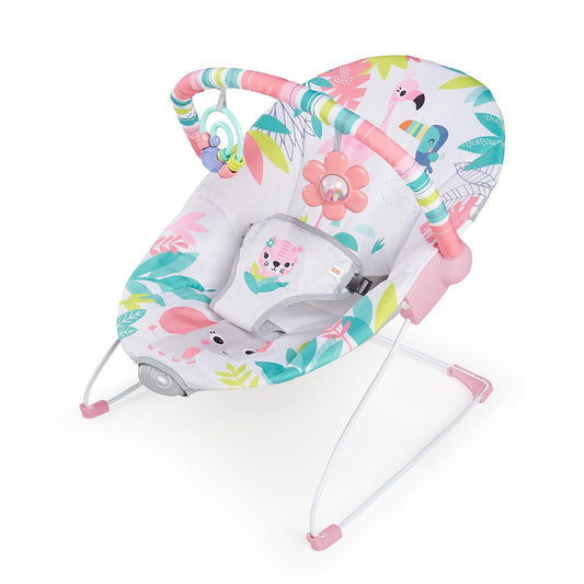 Bright Starts Bouncer Silla Mecedora de Flamingo para Bebé, Vibraciones relajantes, Arnés de 3 puntos, de 0 a 6 meses