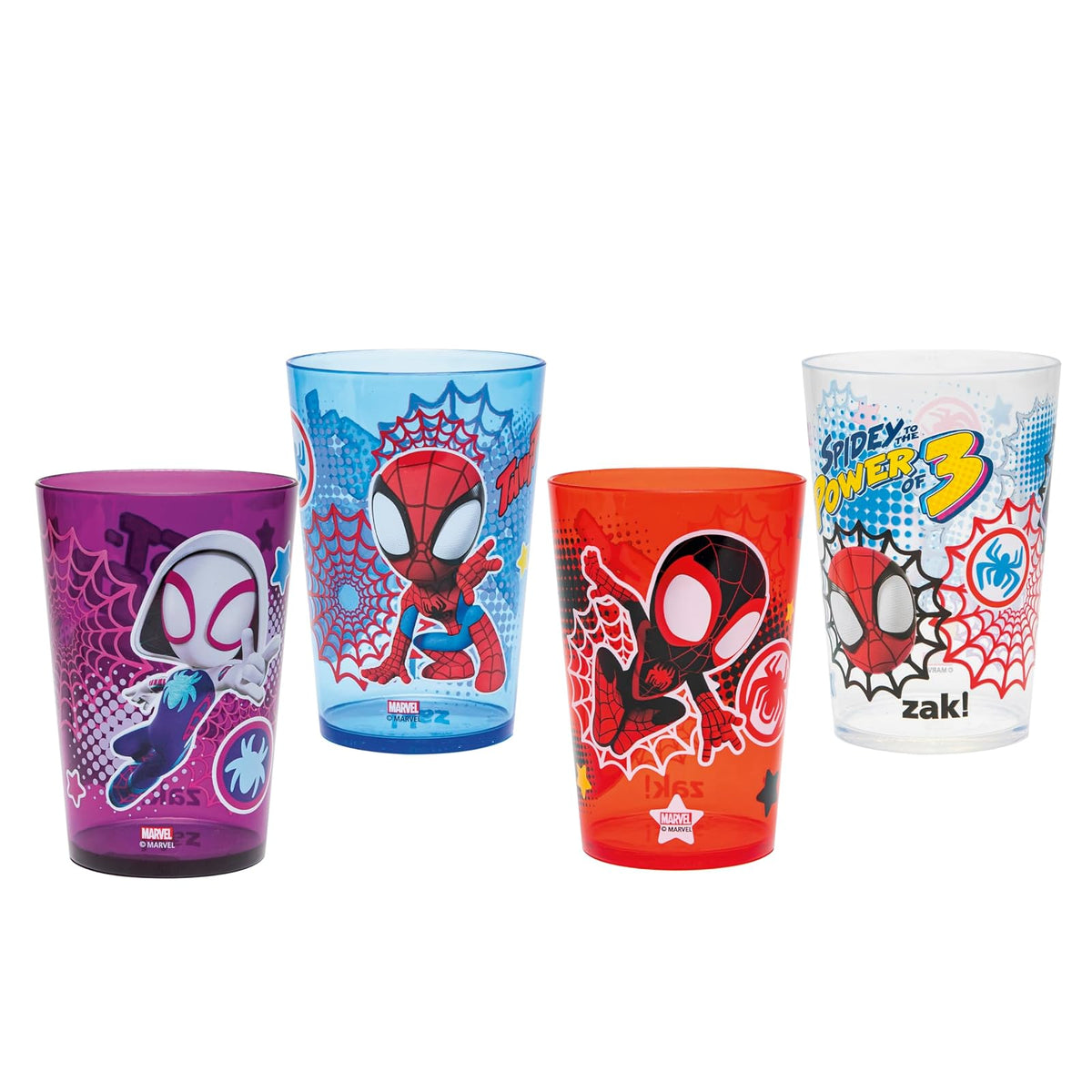 Zak Designs Marvel Spider-Man - Juego de vasos anidables para el hogar, vasos de plástico sin BPA de 14.5 onzas, paquete de 4 (Spidey and His Amazing Friends)