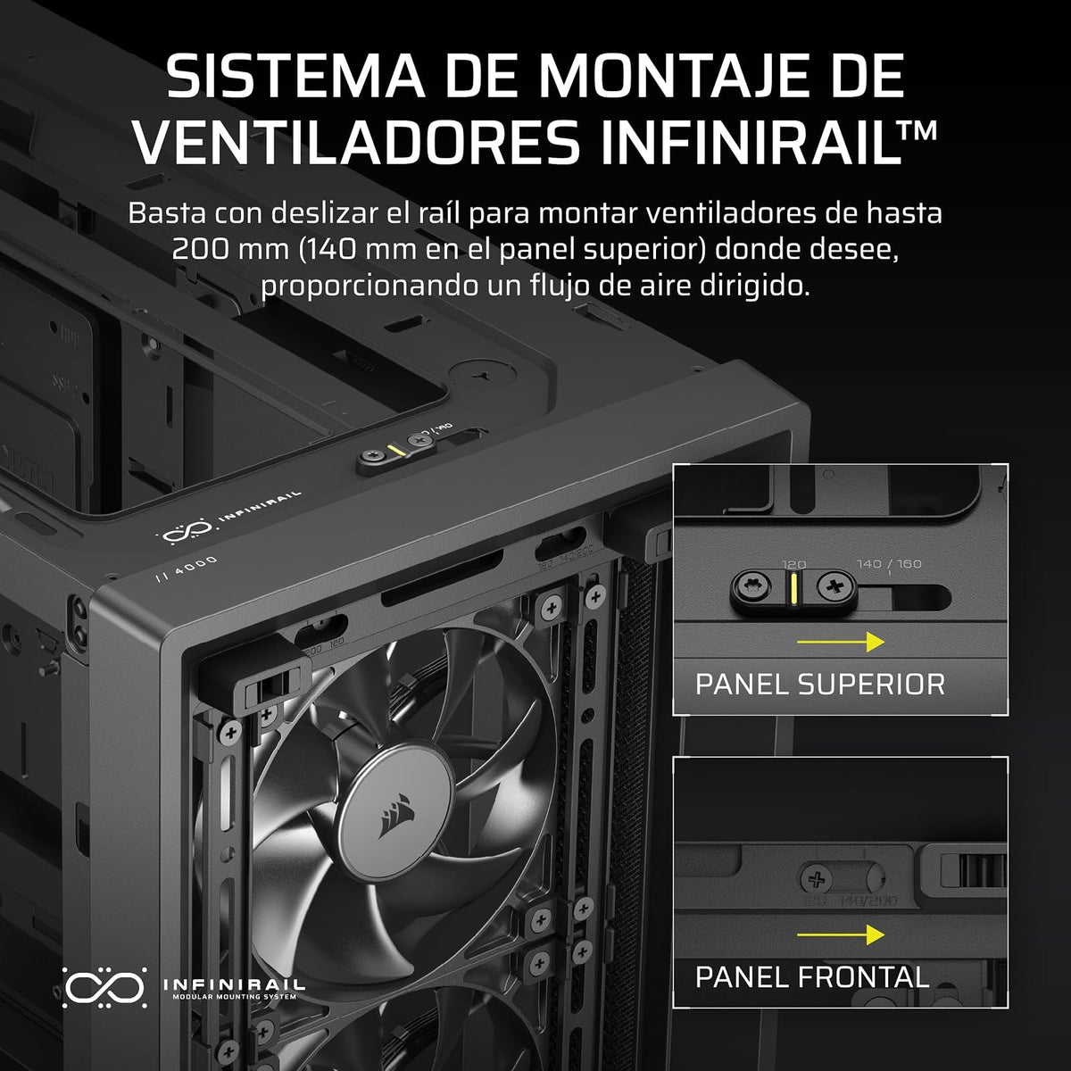 Corsair Frame 4000D RS Caja Modular Mid-Tower de Gran Flujo de Aire para PC – 3X Ventiladores RS – Sistema de Montaje de Ventiladores InfiniRail™ – Se Adapta a Múltiples Radiadores de 360 mm – Negro