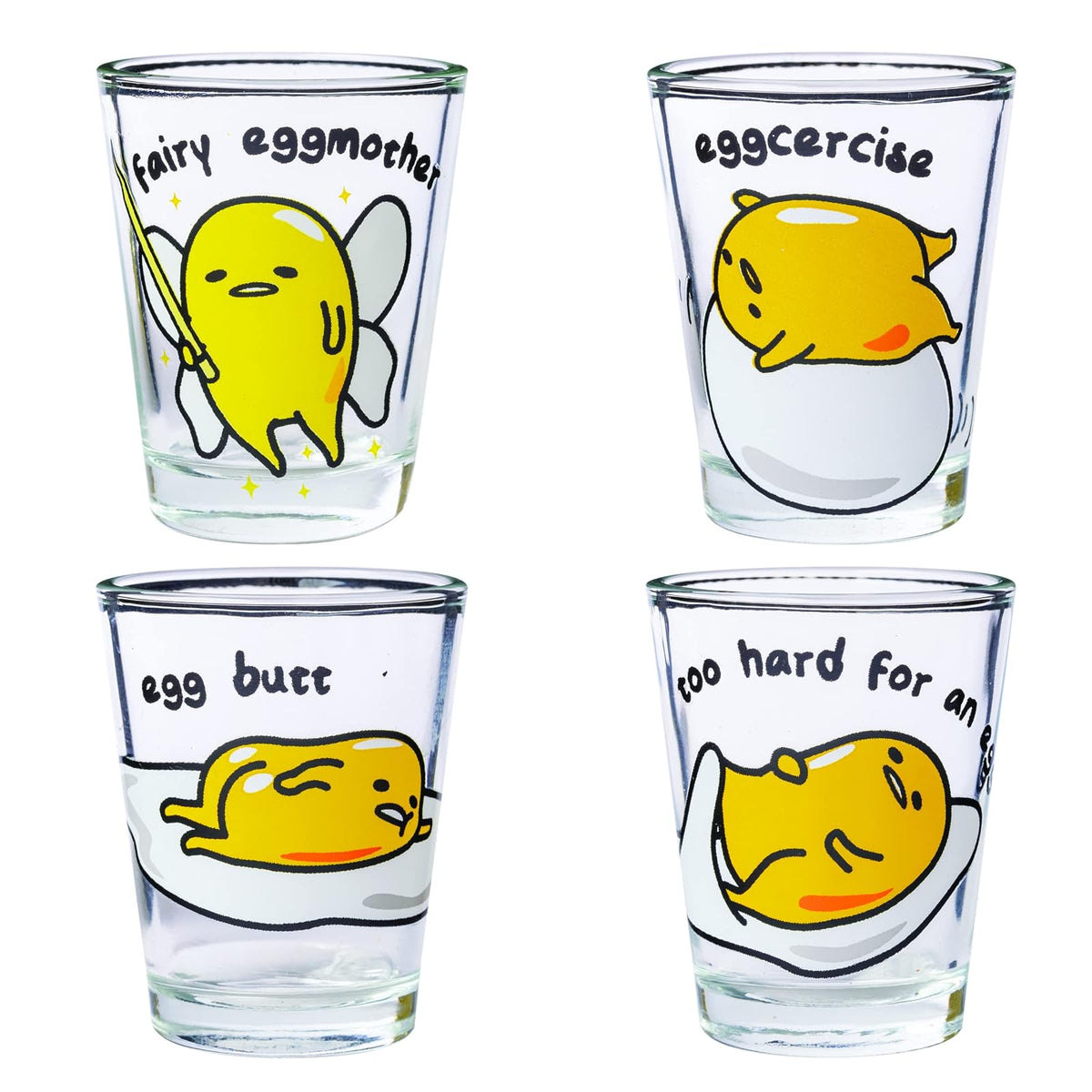 Silver Buffalo Sanrio Hello Kitty and Friends Gudetama Lazy Egg Poses Paquete de 4 mini vasos de 1.5 onzas