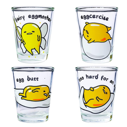 Silver Buffalo Sanrio Hello Kitty and Friends Gudetama Lazy Egg Poses Paquete de 4 mini vasos de 1.5 onzas