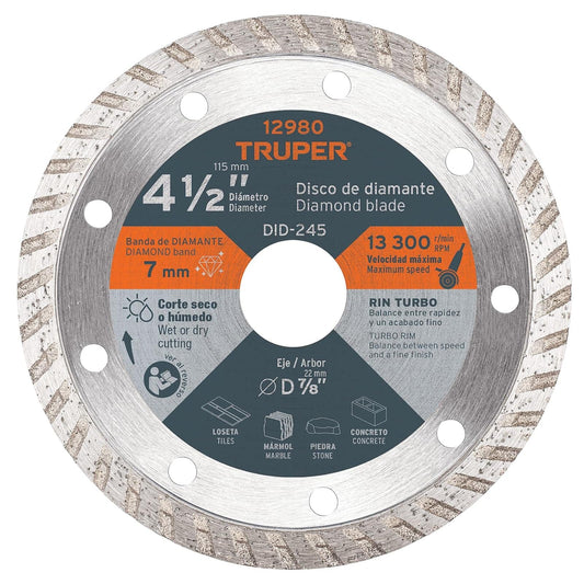 Truper DID-245, Disco de diamante de 4-1/2" x 2.2 mm, rin turbo