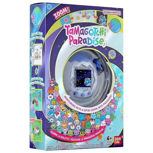 TAMAGOTCHI - Paradise Océano Congelado, Mascota Electrónica Interactiva | Carcasa lavanda con estampado de nieve y pinos, pantalla a color, botones morados, ideal para regalo