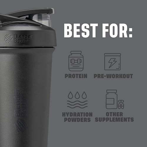 BlenderBottle Strada - Botella de agua aislada de acero inoxidable con batidor de alambre, 25 onzas, color negro