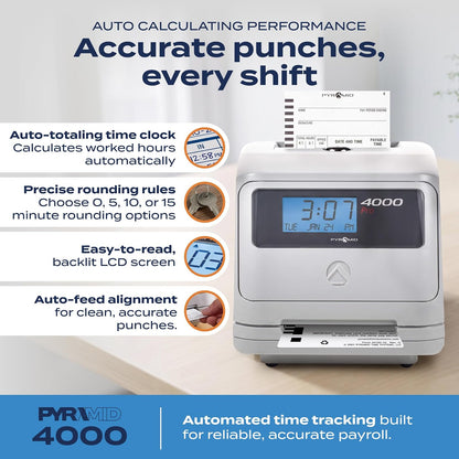 Pyramid Time Systems - Reloj de Tiempo automático Modelo 4000, Reloj electrónico para pequeñas Empresas, el Paquete Incluye: 25 Tarjetas de Tiempo, Cinta y 2 Llaves de Seguridad, Color Plateado (7.25