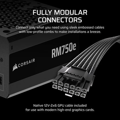 Corsair RM750e ATX 3.1 PCIe 5.1 Listo Totalmente Modular 750W Fuente de alimentación – Cable 12V-2x6 Incluido, Cybenetics Gold Efficience, Condensadores con clasificación 105°, Modo de Espera Moderno