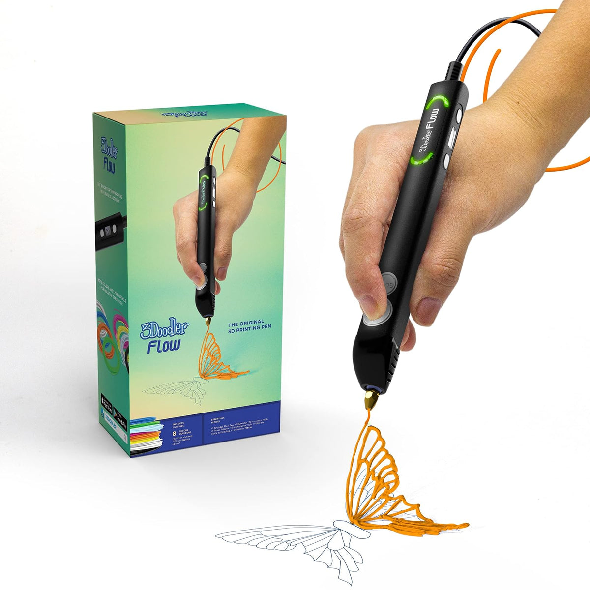 3Doodler Flow - Bolígrafo de impresión 3D para Adolescentes, Adultos y Creadores, Color Negro, con filamentos de Recarga, Libro de Plantillas y guía, 3.1 x 10.8 x 4.5 Pulgadas