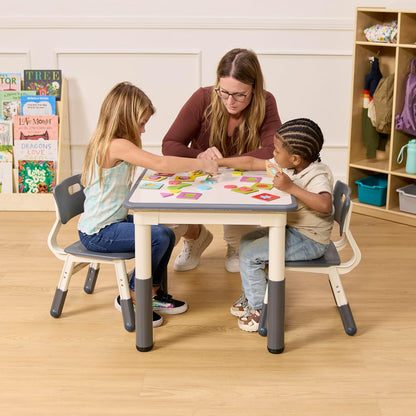 ECR4Kids Mesa de Actividades Cuadrada de borrado en seco con 2 sillas, Ajustable, Muebles para niños, Gris, 3 Piezas