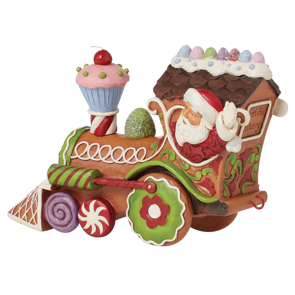 Enesco Jim Shore Heartwood Creek Gingerbread Christmas Santa in Train - Figura de Motor de Resina de Piedra Pintada a Mano Coleccionable, Cifras de Papá Noel, Estatua de Navidad para decoración del