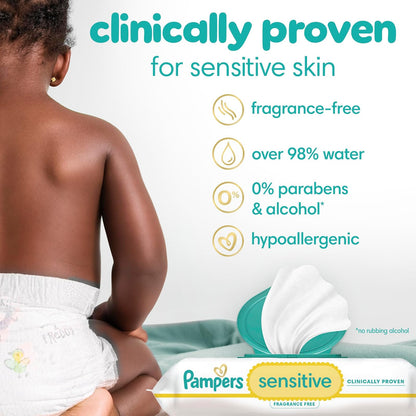Toallitas de bebé, Pampers sensibles a base de agua, hipoalergénicas y sin perfume, 9X paquetes Pop-top, 504 toallitas totales (el embalaje puede variar)