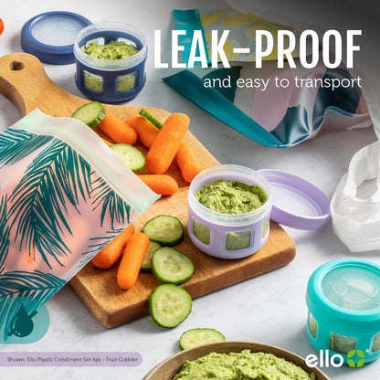 Ello Recipientes de plástico reutilizables para condimentos de 4 onzas cada uno con tapa atornillada a prueba de fugas, paquete de 6 | Perfecto para aderezo para ensaladas, salsas, lonchera, picnic,