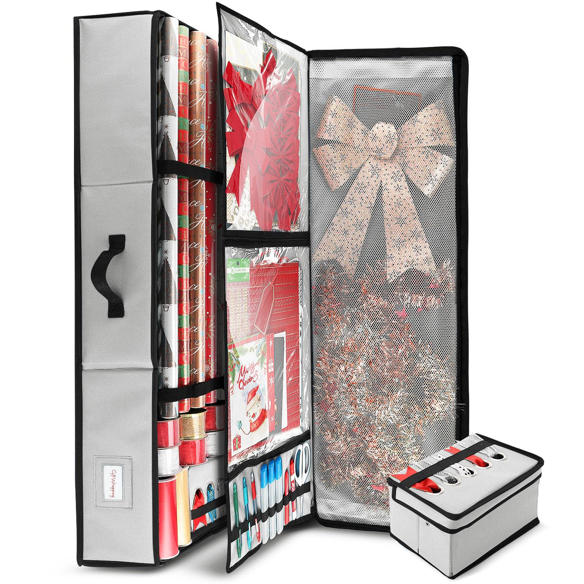 Hearth & Harbor - Contenedor de almacenamiento de papel de regalo con cinta organizador de almacenamiento - Bolsa de almacenamiento de Navidad con bolsillos interiores extras - Organizador de regalo