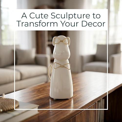 Sagebrook Home Figura de cerámica para Cachorros de 7 Pulgadas con anteojos y Pajarita, Escultura contemporánea de Perro Blanco y Dorado para decoración de Mesa del hogar u Oficina